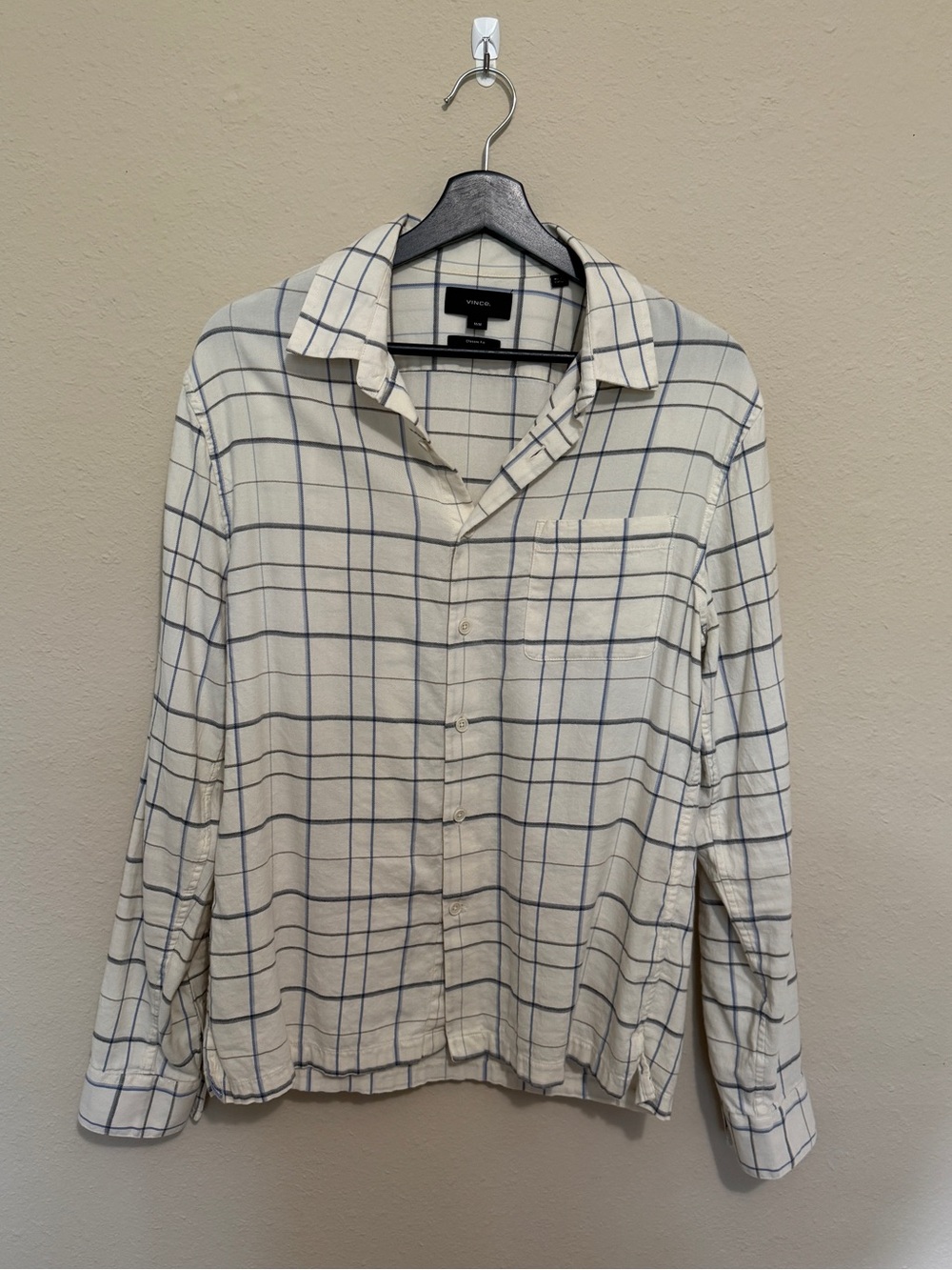 Vince Light Cream Button-Up Plaid Shirt with Blue Grid Size M